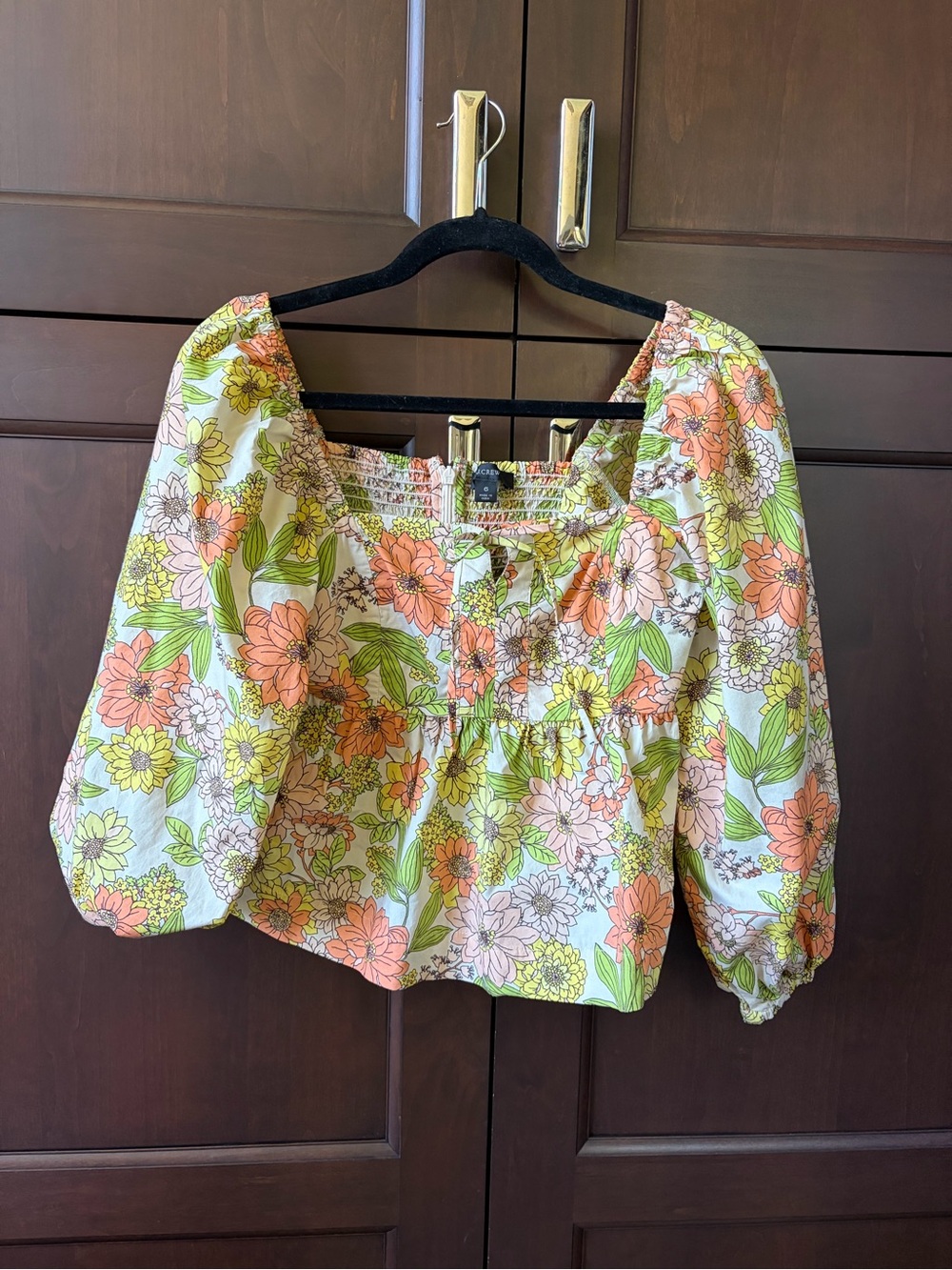 J. Crew Floral Puff-Sleeve Peasant Top - Peach, Yellow & Green